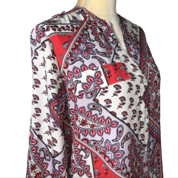 Calvin Klein Blouse Shirt Top Long Roll Tab Sleeve Paisley Pink Patchwork 2X New - Picture 6 of 14